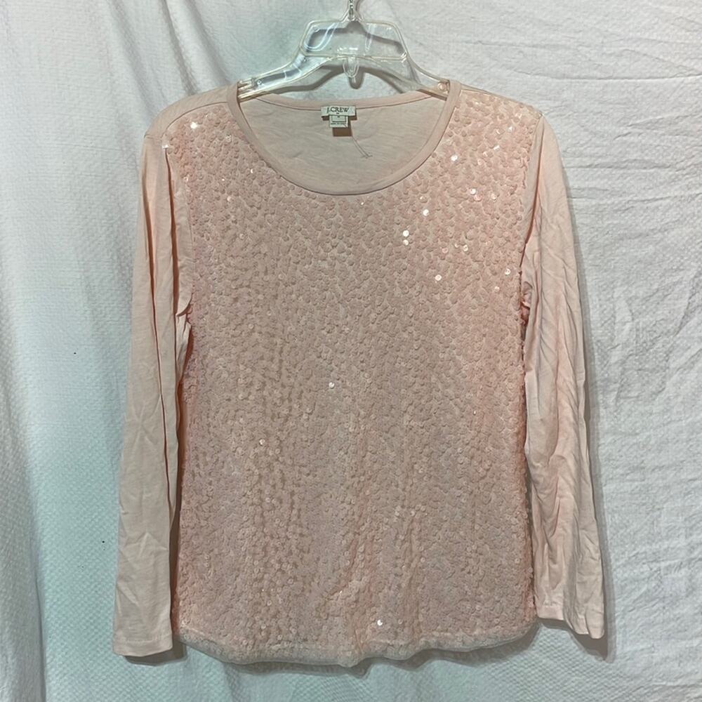J. Crew M pale pink long sleeve t sequined front plain back in 💯 cotton euc